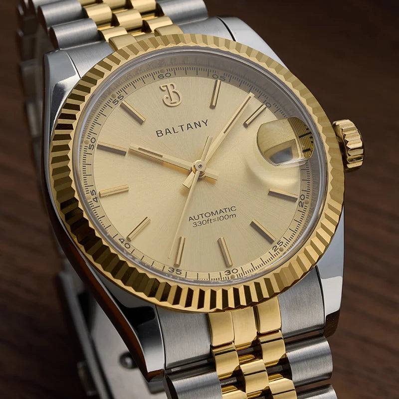 Baltany S4084 Men’s Automatic Dress Watch 36mm – Gold Tone, NH35 Movement, Stainless Steel Bracelet, Water Resistant