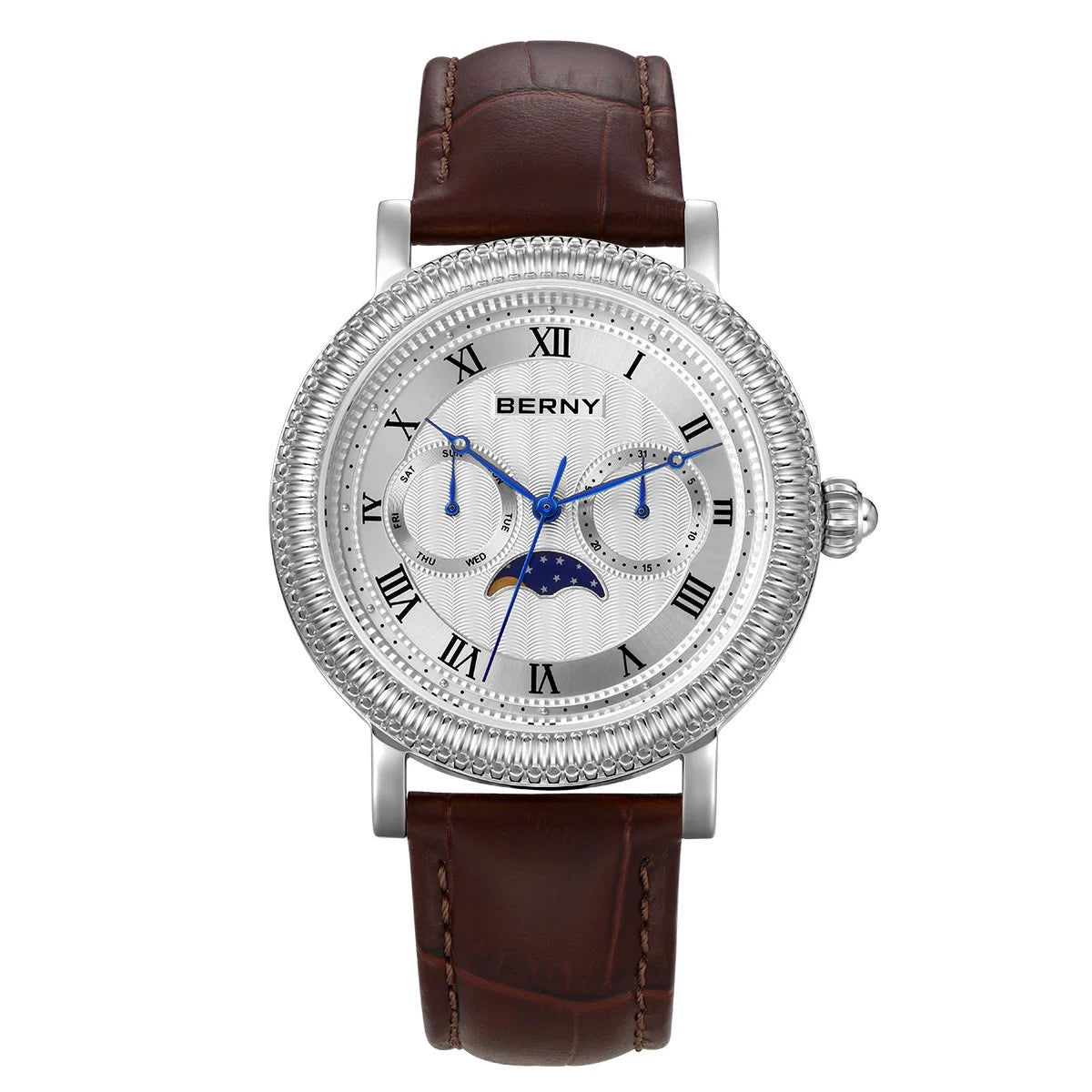 BERNY Men's Moon Phase Quartz Watch 40mm – Calendar Dress Watch Leather Strap