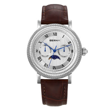 BERNY Men's Moon Phase Quartz Watch 40mm – Calendar Dress Watch Leather Strap