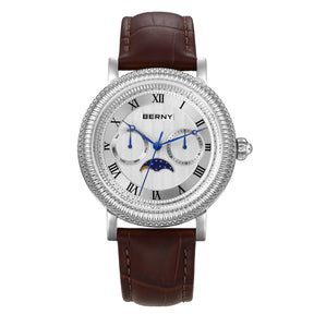 BERNY Men's Moon Phase Quartz Watch 40mm – Calendar Dress Watch Leather Strap