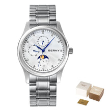 BERNY Men's Moon Phase Quartz Watch – Stainless Steel & Leather Dress Watch with Date & Week Display