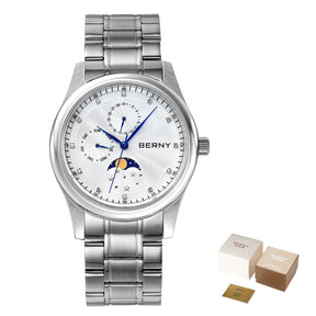BERNY Men's Moon Phase Quartz Watch – Stainless Steel & Leather Dress Watch with Date & Week Display