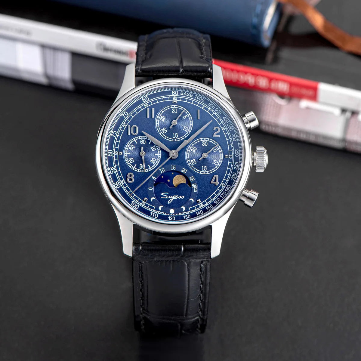 Sugess Men’s Chronograph Watch – ST1908 Mechanical, Moonphase, Swan Neck, Sapphire Crystal