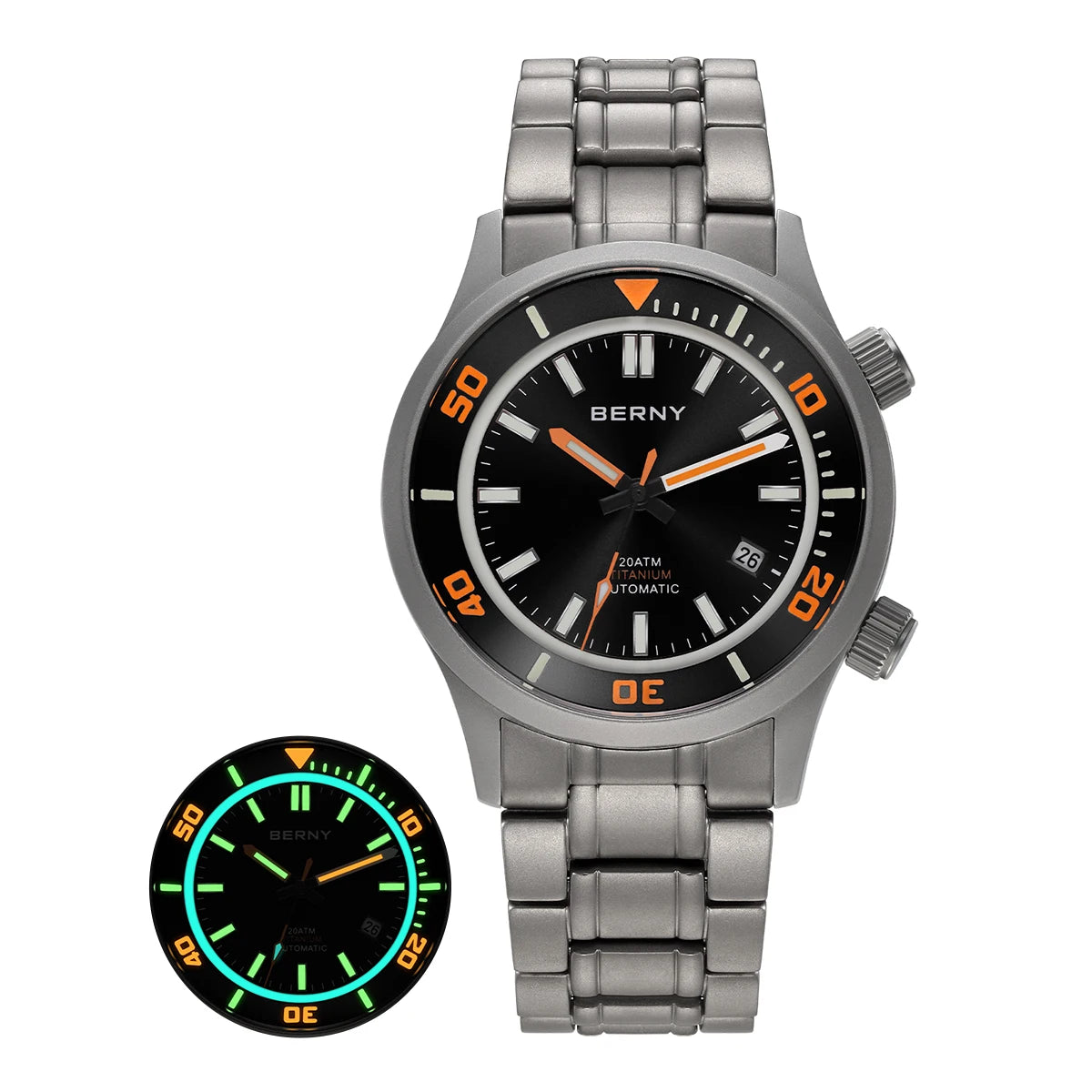 BERNY Men's Titanium Automatic Diver Watch – 20ATM, Sapphire, Miyota 8215