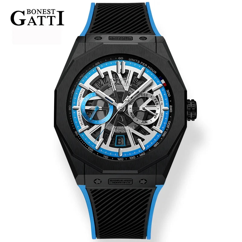 BONEST GATTI Men’s Automatic Mechanical Watch – Stainless Steel Case, Rubber Strap
