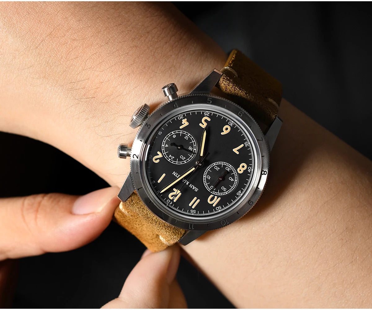 San Martin SN0127 Vintage Pilot Chronograph – VK64, Leather Strap