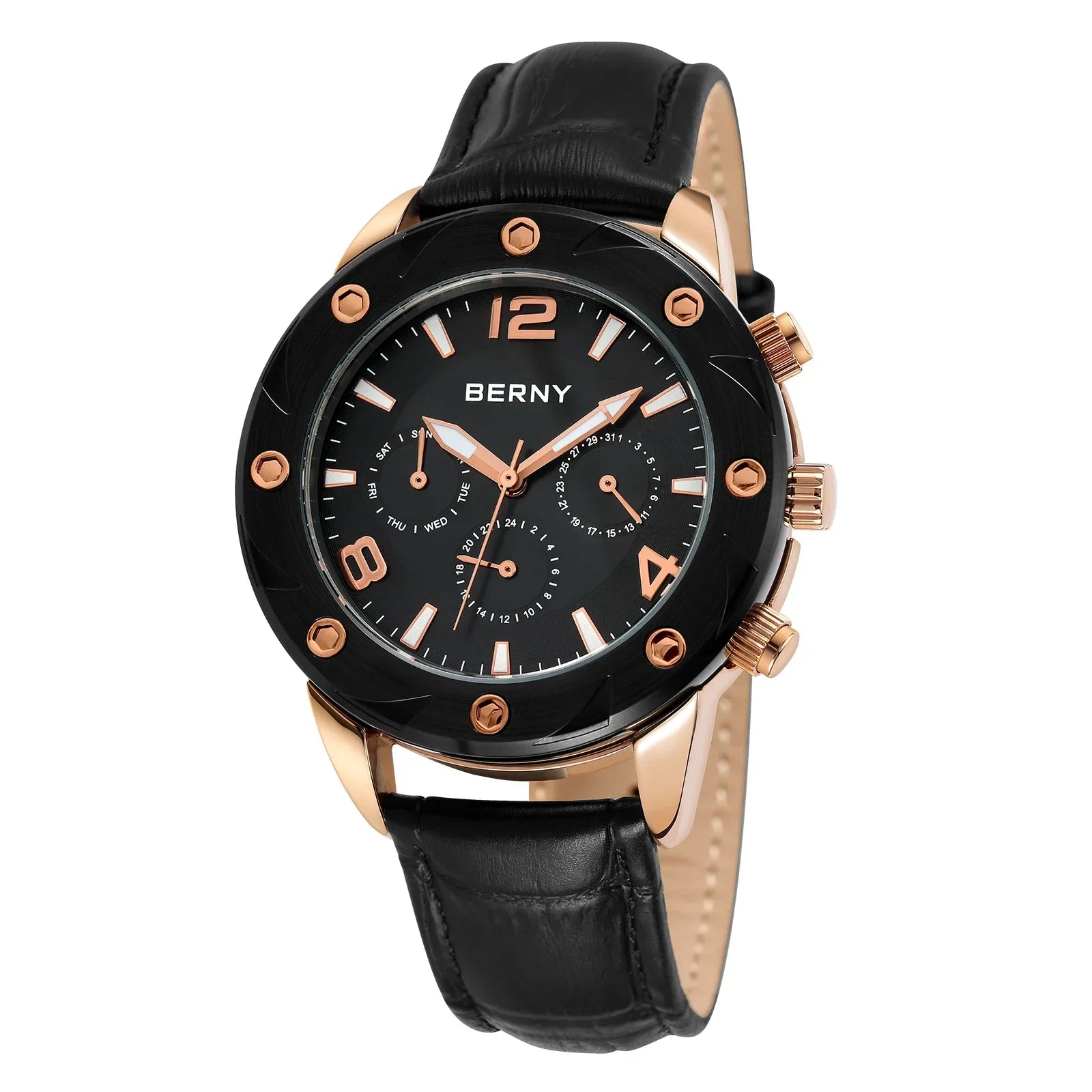 BERNY Men's Quartz Watch – Multifunction Dial Business Leather Strap Luminous Waterproof