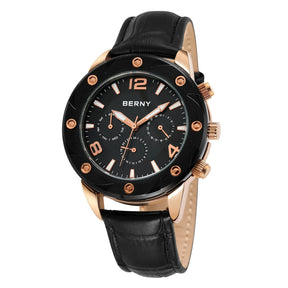 BERNY Men's Quartz Watch – Multifunction Dial Business Leather Strap Luminous Waterproof