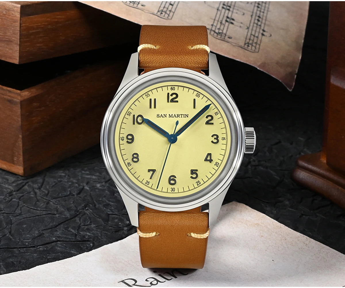 San Martin SN0108 38.5mm Vintage Pilot Watch – Automatic Military Style Men’s Watch with Sapphire Crystal & Leather Strap