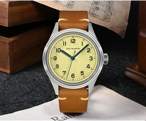 San Martin SN0108 38.5mm Vintage Pilot Watch – Automatic Military Style Men’s Watch with Sapphire Crystal & Leather Strap