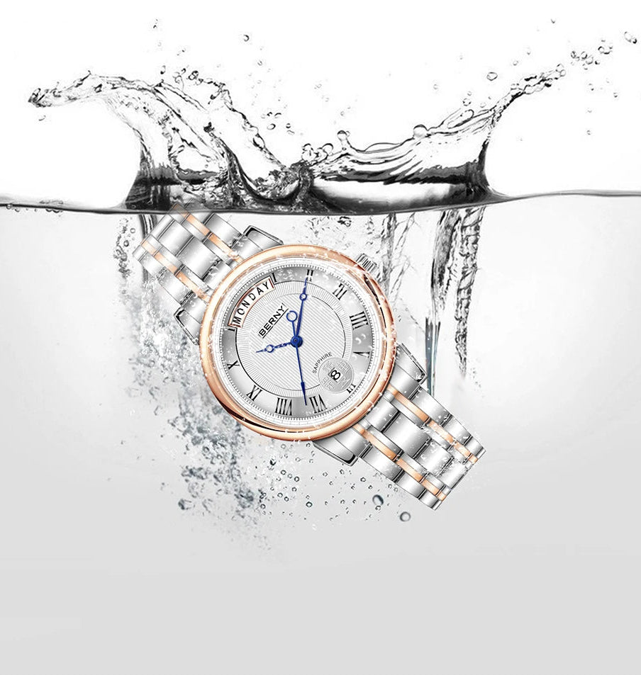 BERNY Women’s Quartz Watch – Roman Numerals, Day & Date, Sapphire Glass, Stainless Steel Strap