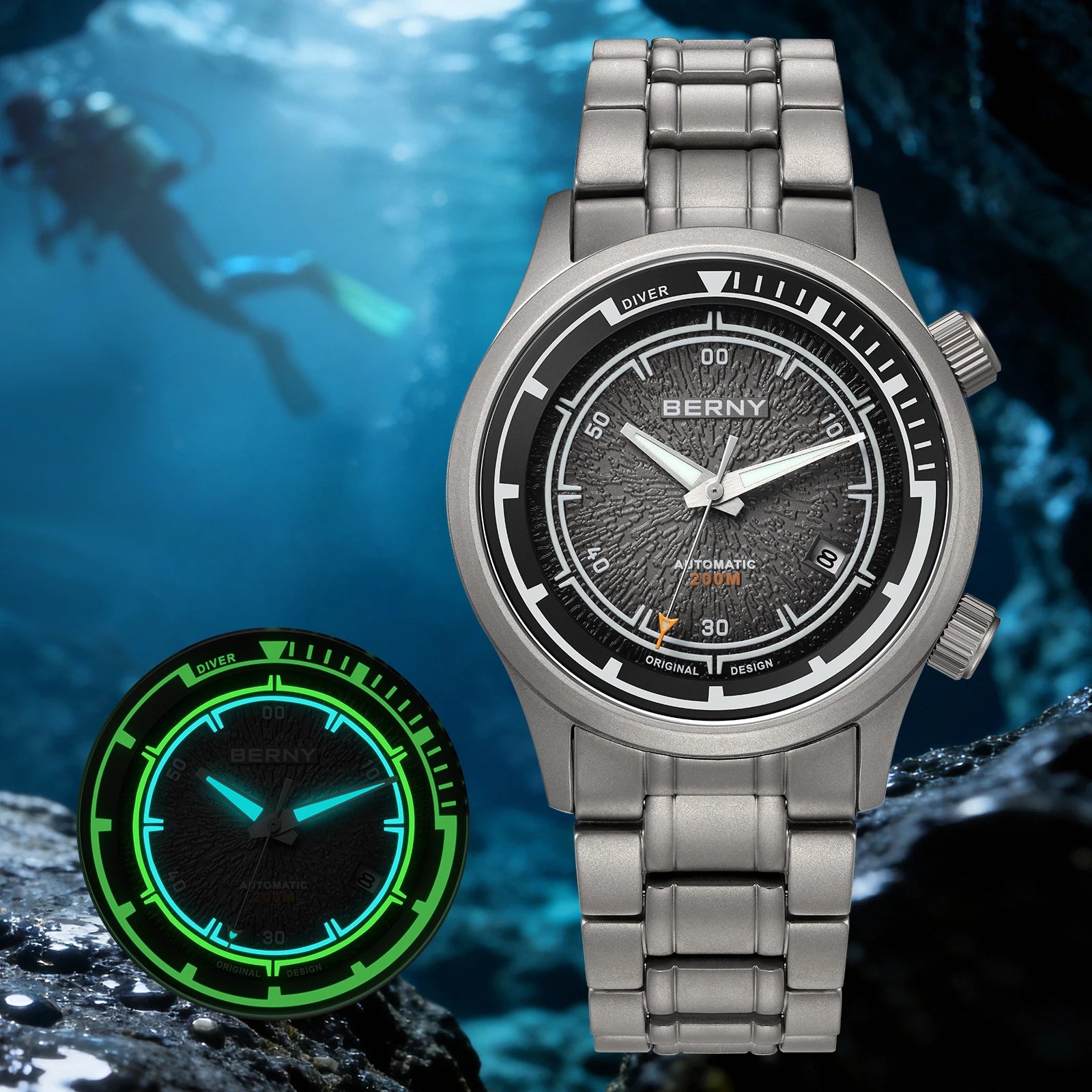 BERNY Men's Automatic Titanium Diver Watch – 20ATM Waterproof Sapphire Luminous