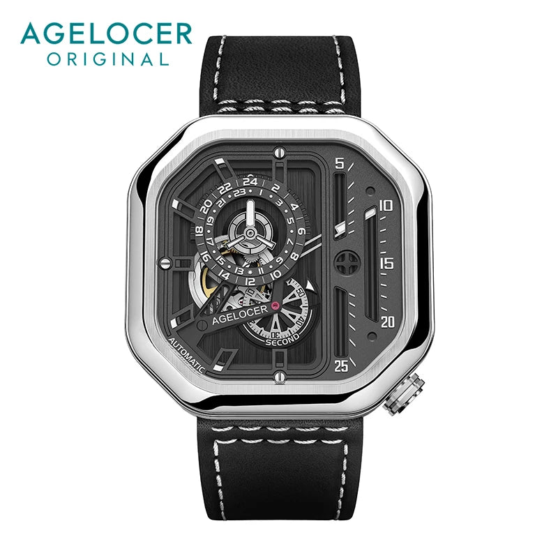 AGELOCER Men’s Automatic Skeleton Watch – Luxury Square Stainless Steel