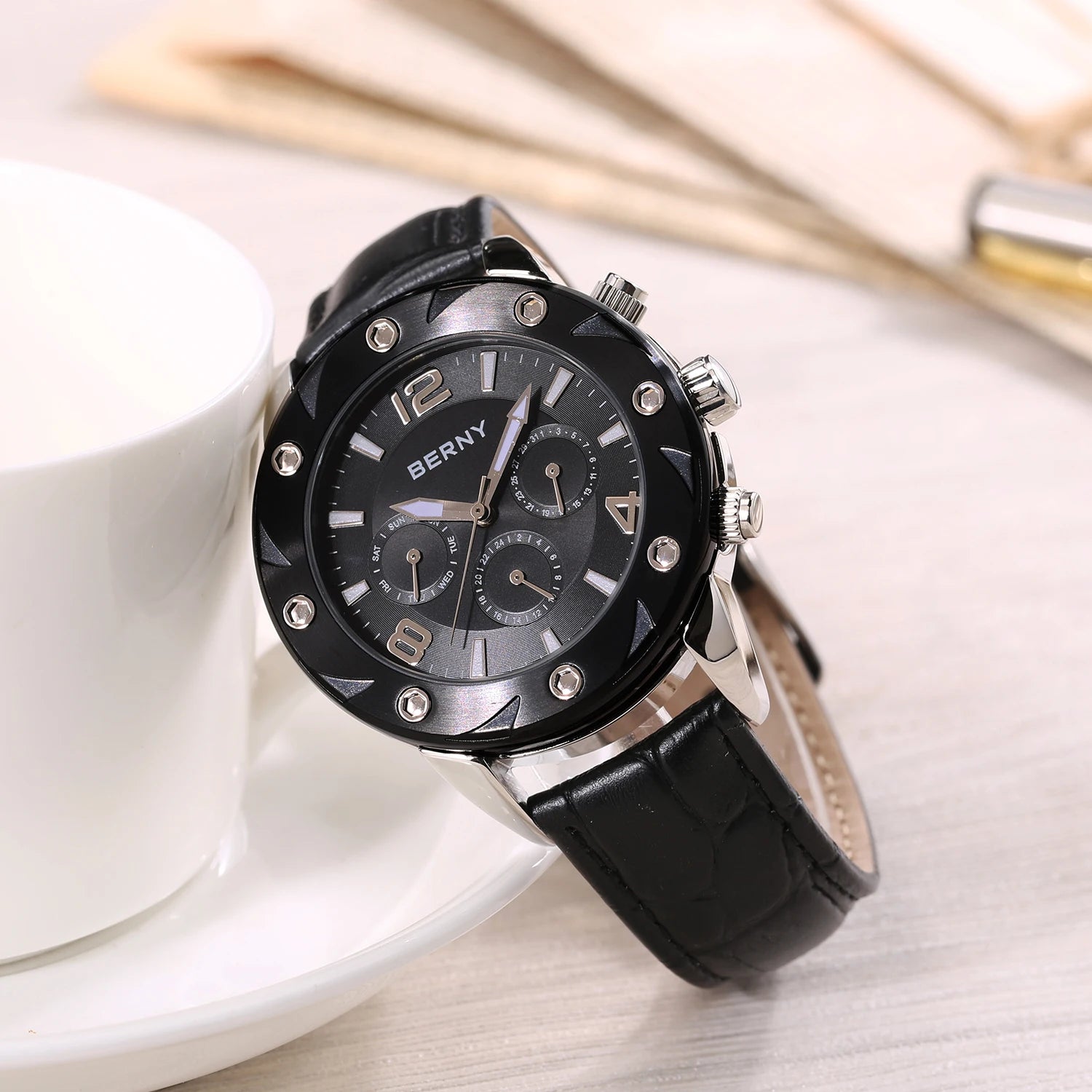 BERNY Men's Quartz Watch – Multifunction Dial Business Leather Strap Luminous Waterproof