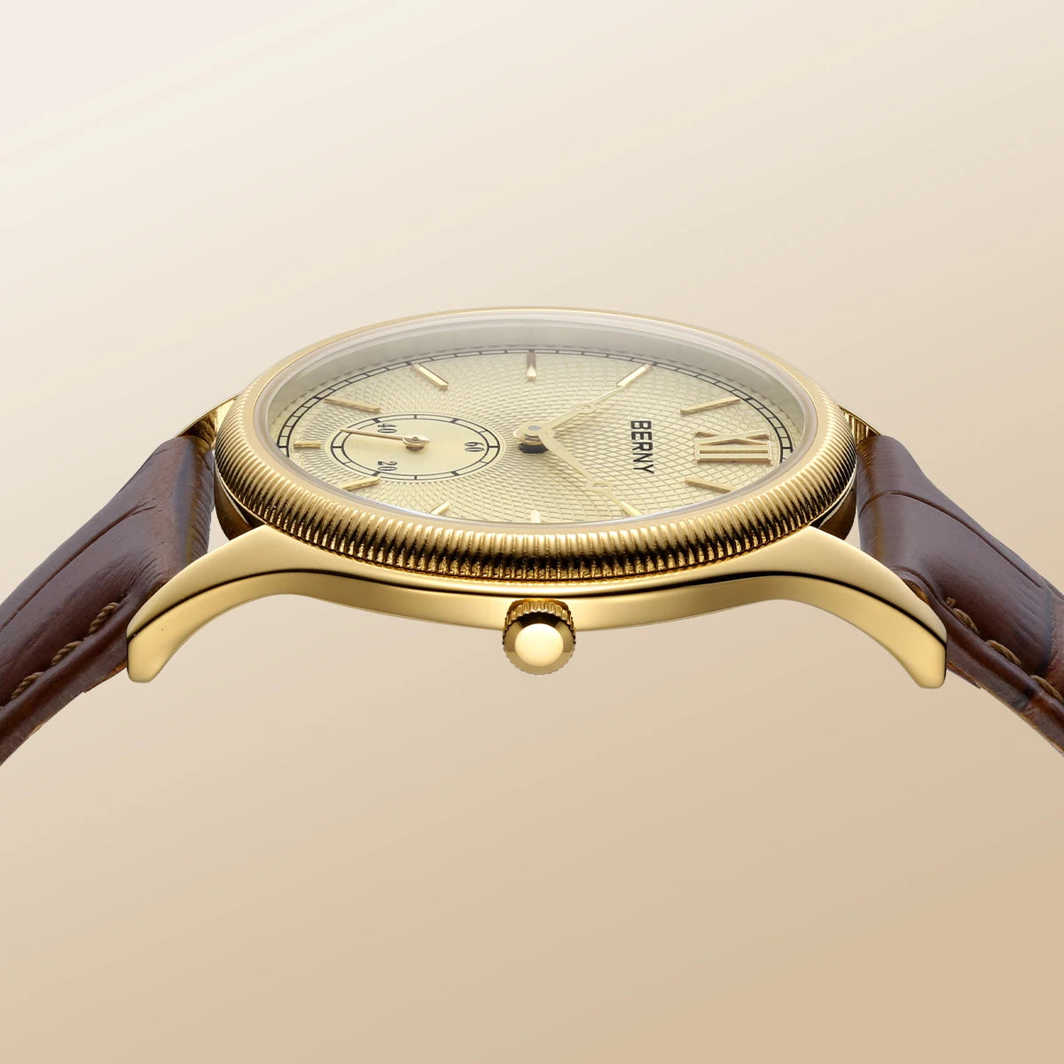 BERNY Luxury Men’s Dress Watch Slim Gold Quartz Classic Leather Strap Business Wristwatch