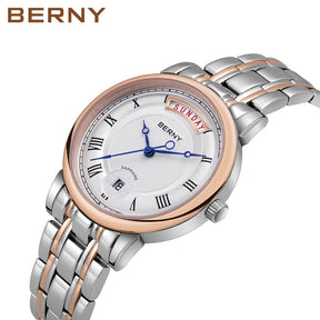 BERNY Women’s Quartz Watch – Roman Numerals, Day & Date, Sapphire Glass, Stainless Steel Strap