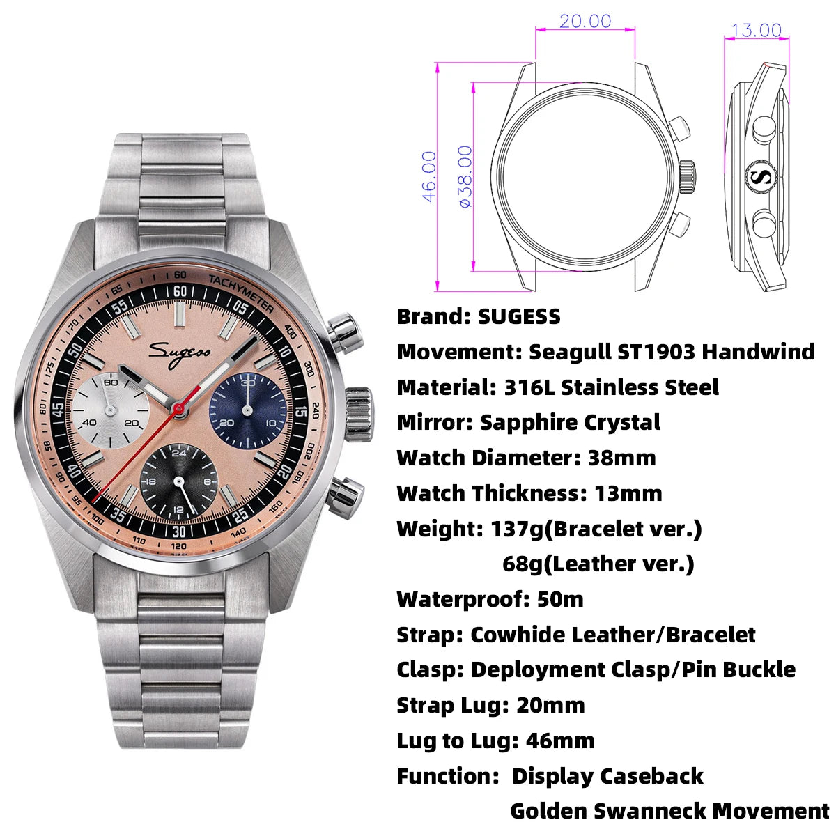 Sugess S465 Men’s Chronograph Watch 38mm – Mechanical, Gooseneck Movement, Sapphire Crystal, Roulette Dial