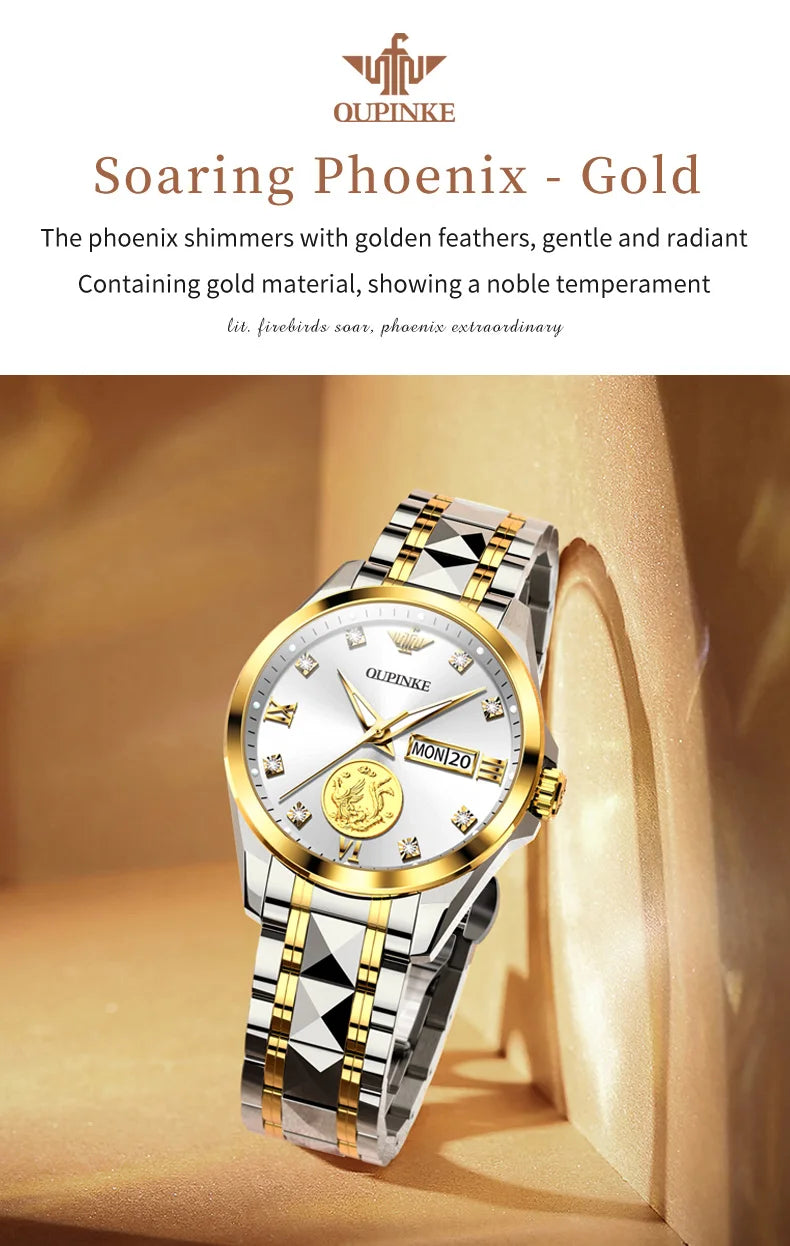 OUPINKE 3259 Women’s Automatic Watch – Gold Tone, Tungsten Steel Strap, Luxury Mechanical