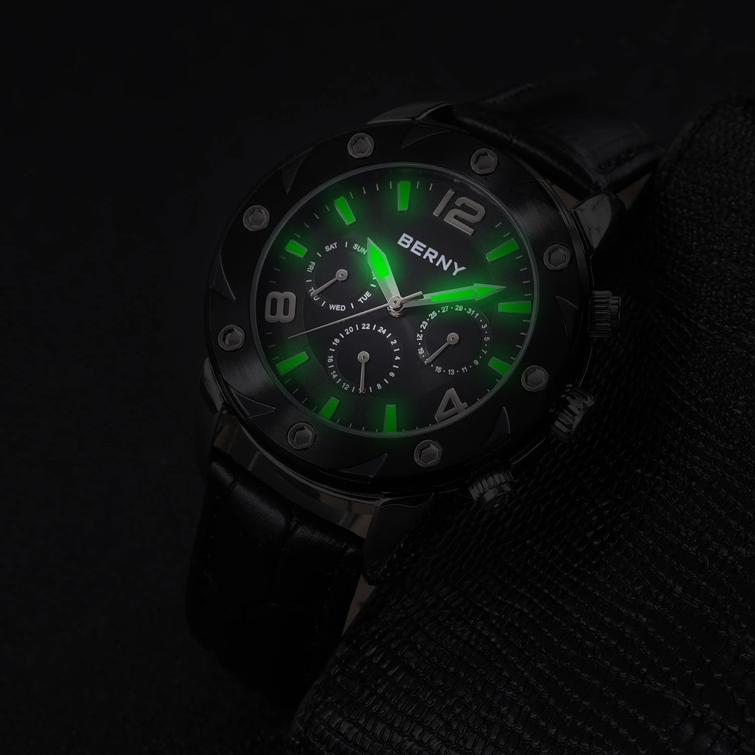BERNY Men's Quartz Watch – Multifunction Dial Business Leather Strap Luminous Waterproof