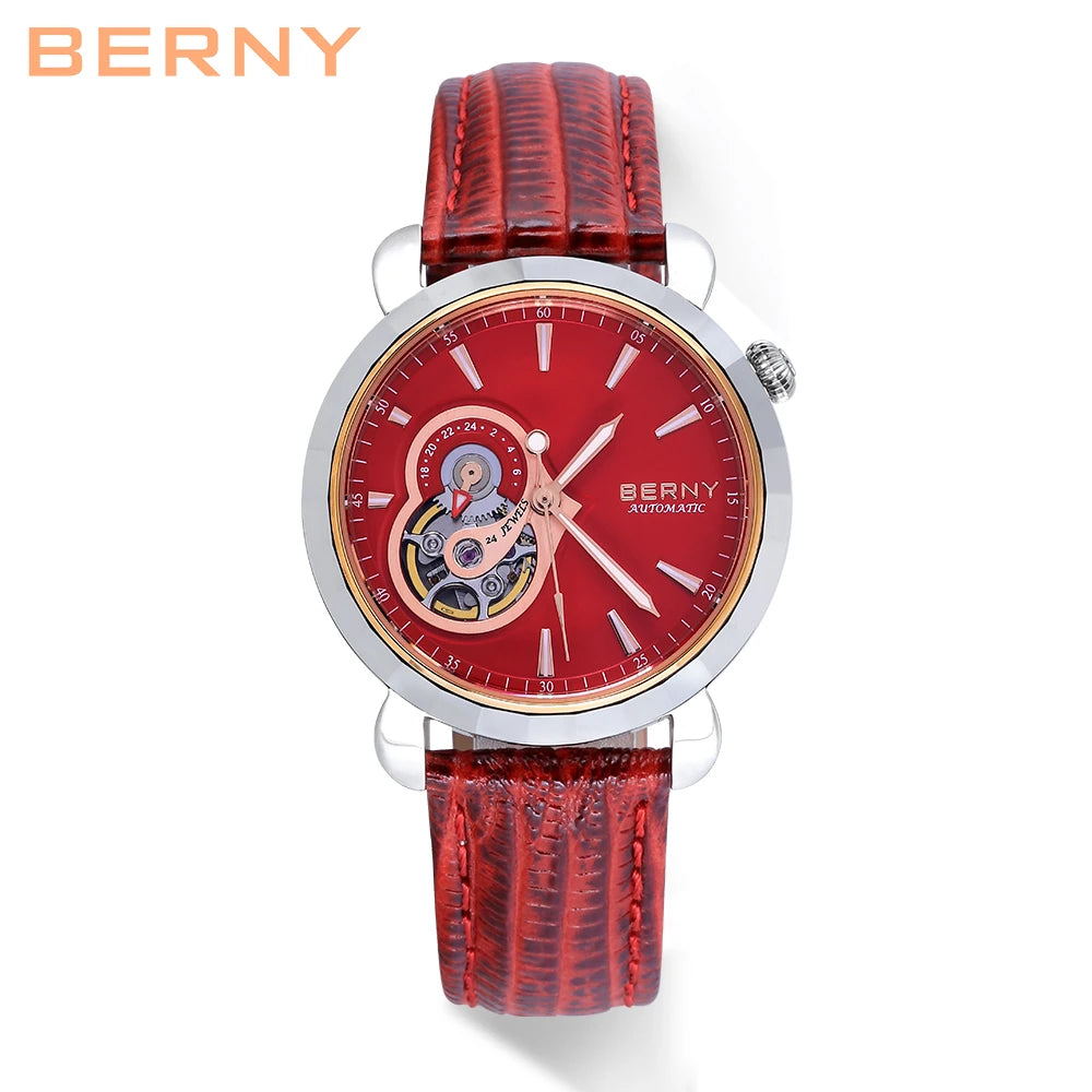 BERNY Women's Automatic Watch – NH39 Sapphire Tungsten Steel Diamond Brown Dial Waterproof