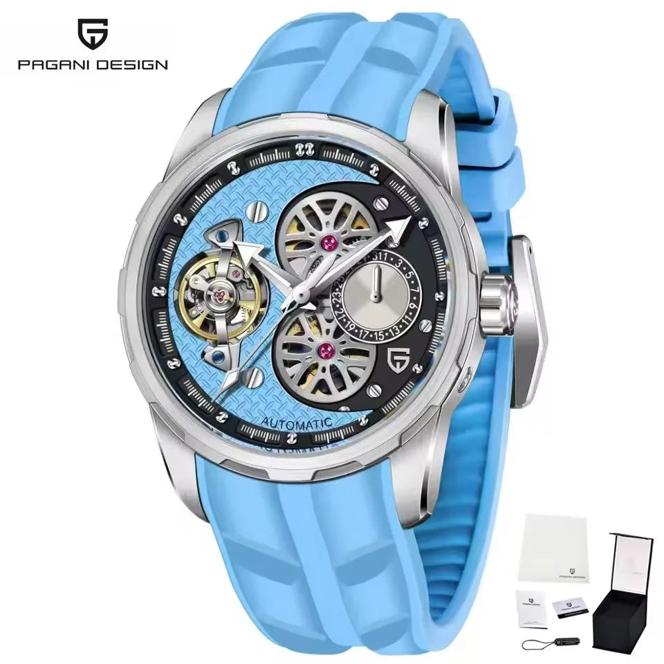 PAGANI DESIGN Men’s Automatic Skeleton Watch – Sapphire Crystal, 100m Water Resistant, Tourbillon Style