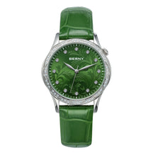BERNY Women's Quartz Watch – Engraved Dial Diamond Gold Case Leather Strap