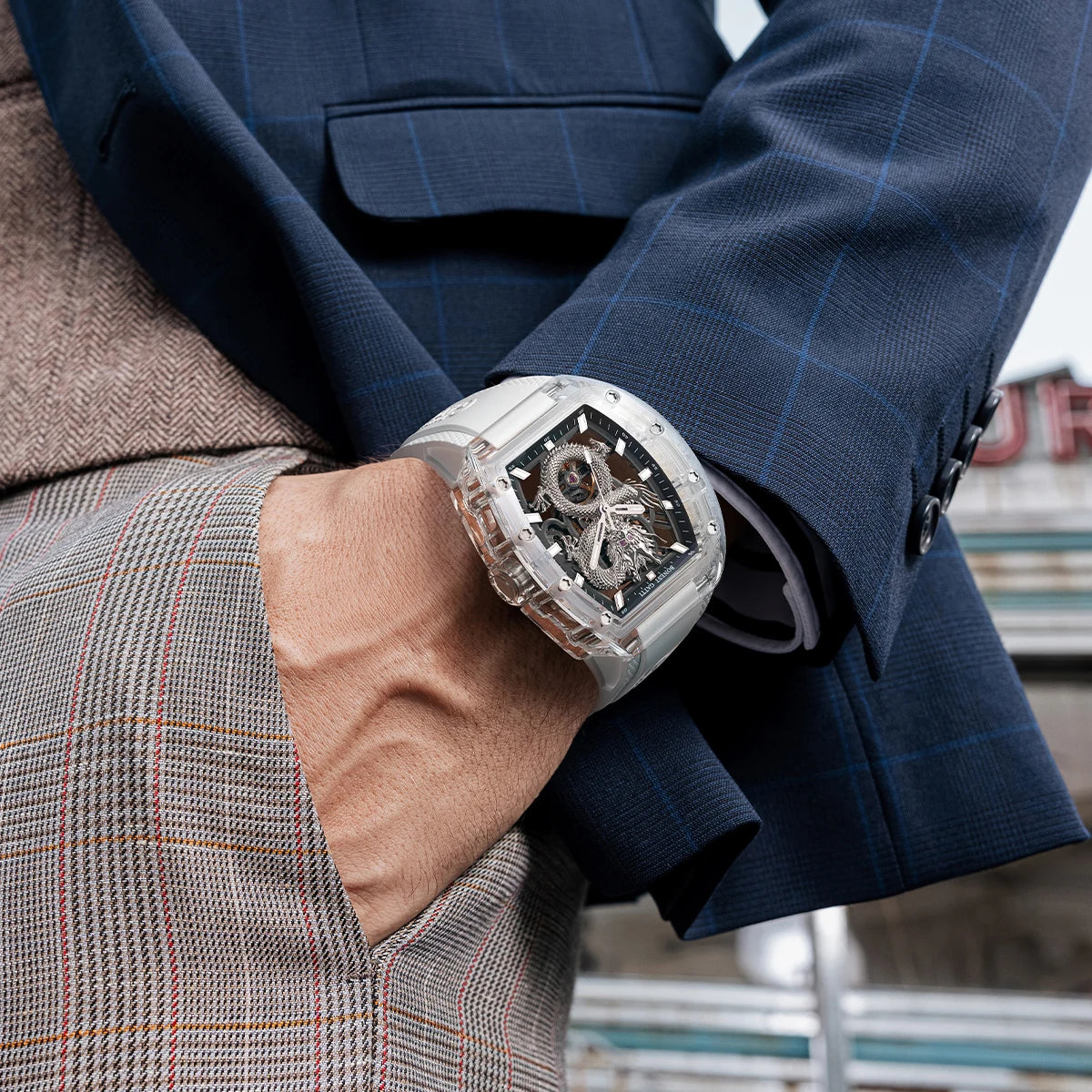 BONEST GATTI Men’s Automatic Skeleton Watch – Dragon Pattern, Crystal Case, Luxury Mechanical