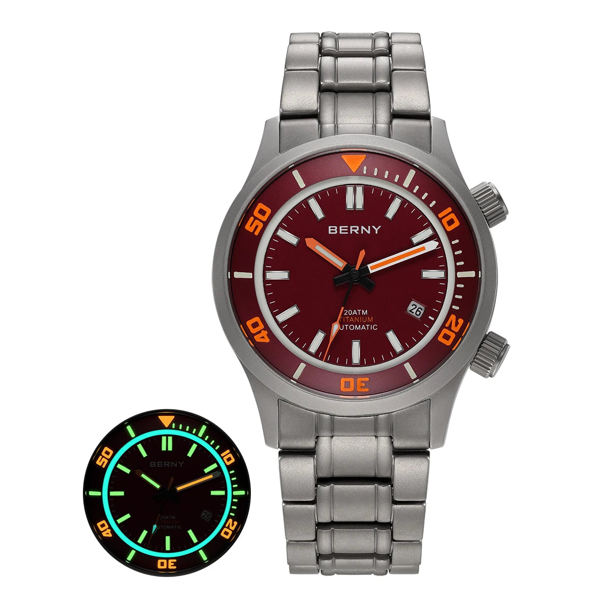 BERNY Men’s Titanium Diver Watch – Automatic, 20ATM