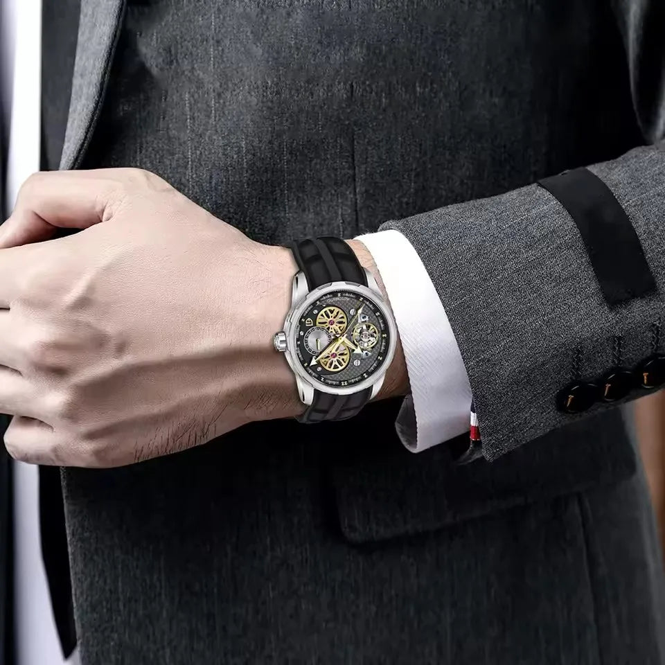 PAGANI DESIGN Men’s Automatic Skeleton Watch – Sapphire Crystal, 100m Water Resistant, Tourbillon Style