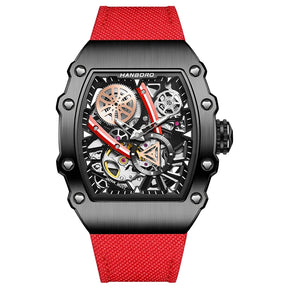 HANBORO Men’s Automatic Watch – 40.5mm Tonneau Skeleton Dial Mechanical Waterproof Wristwatch