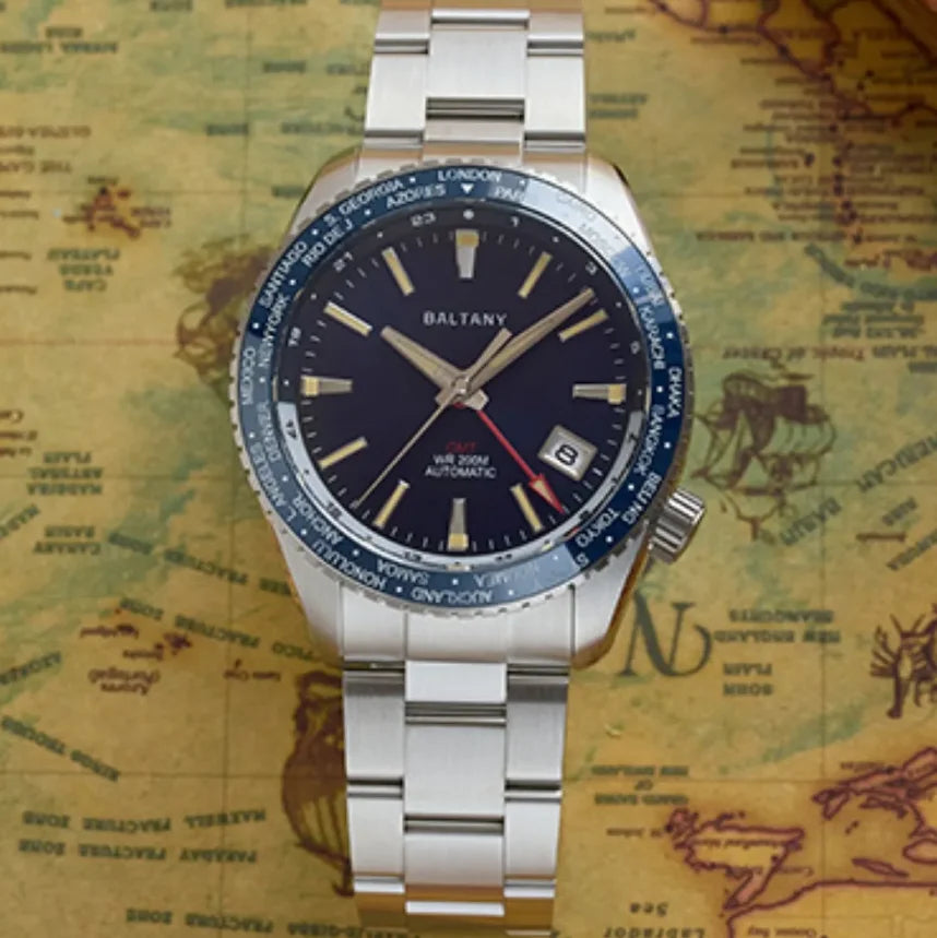 Baltany Men’s GMT Automatic Watch 40mm – NH34, Sapphire Crystal, 200m Dive, Luminous, World Time Bezel