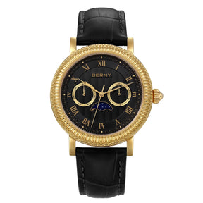 BERNY Men's Moon Phase Quartz Watch 40mm – Calendar Dress Watch Leather Strap