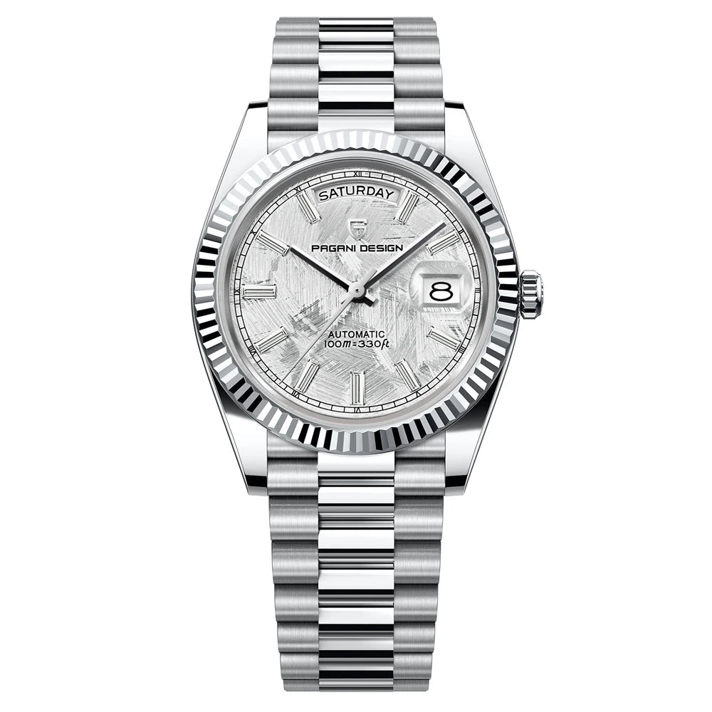 Silver watch with detailed face and bracelet on a white background, featuring 'PAGANI DESIGN' branding.