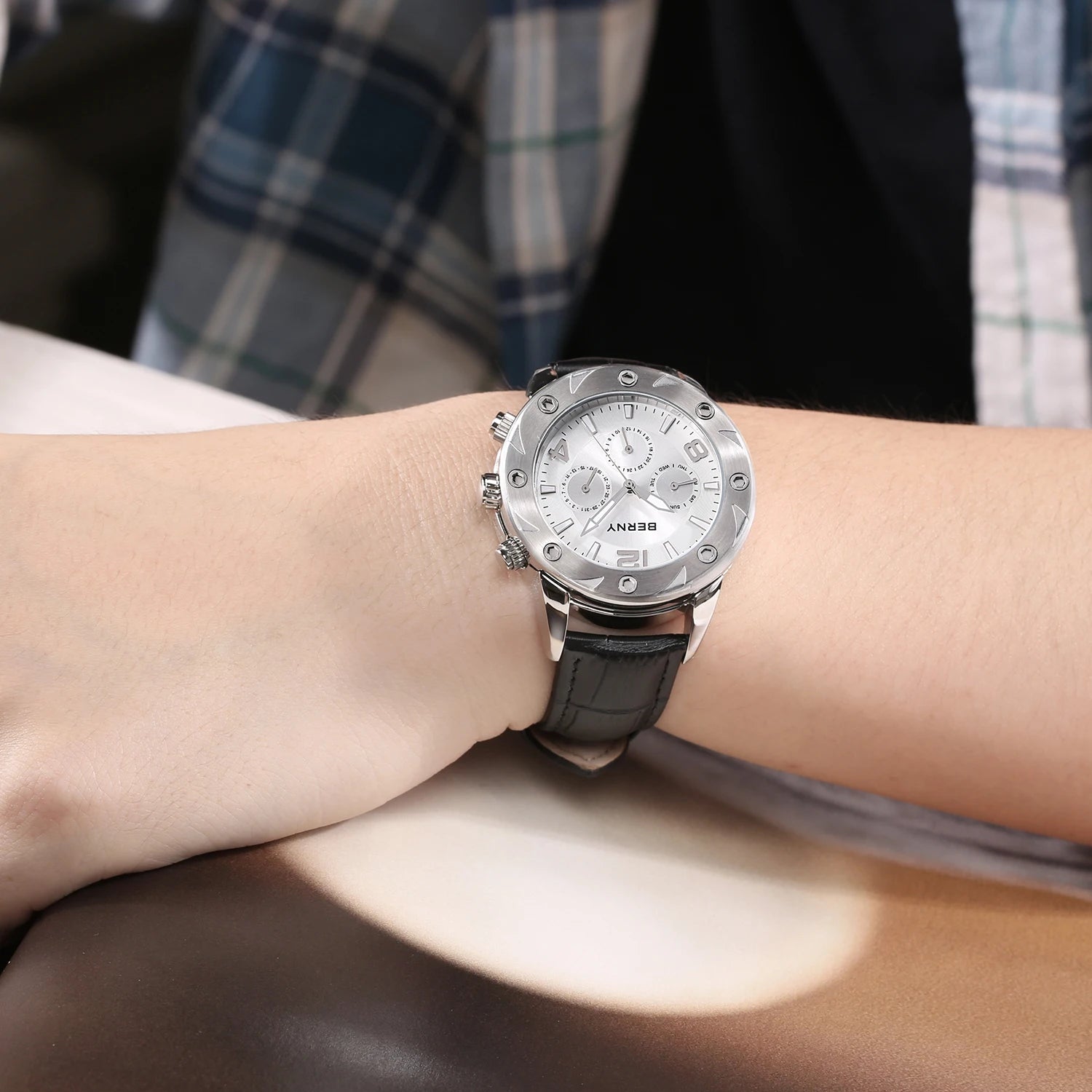 BERNY Men's Quartz Watch – Multifunction Dial Business Leather Strap Luminous Waterproof
