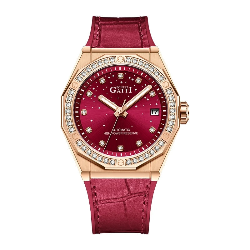 BONEST GATTI Women’s Automatic Watch – Luxury Mechanical, Sapphire Crystal, Leather Strap, Crystal Bezel