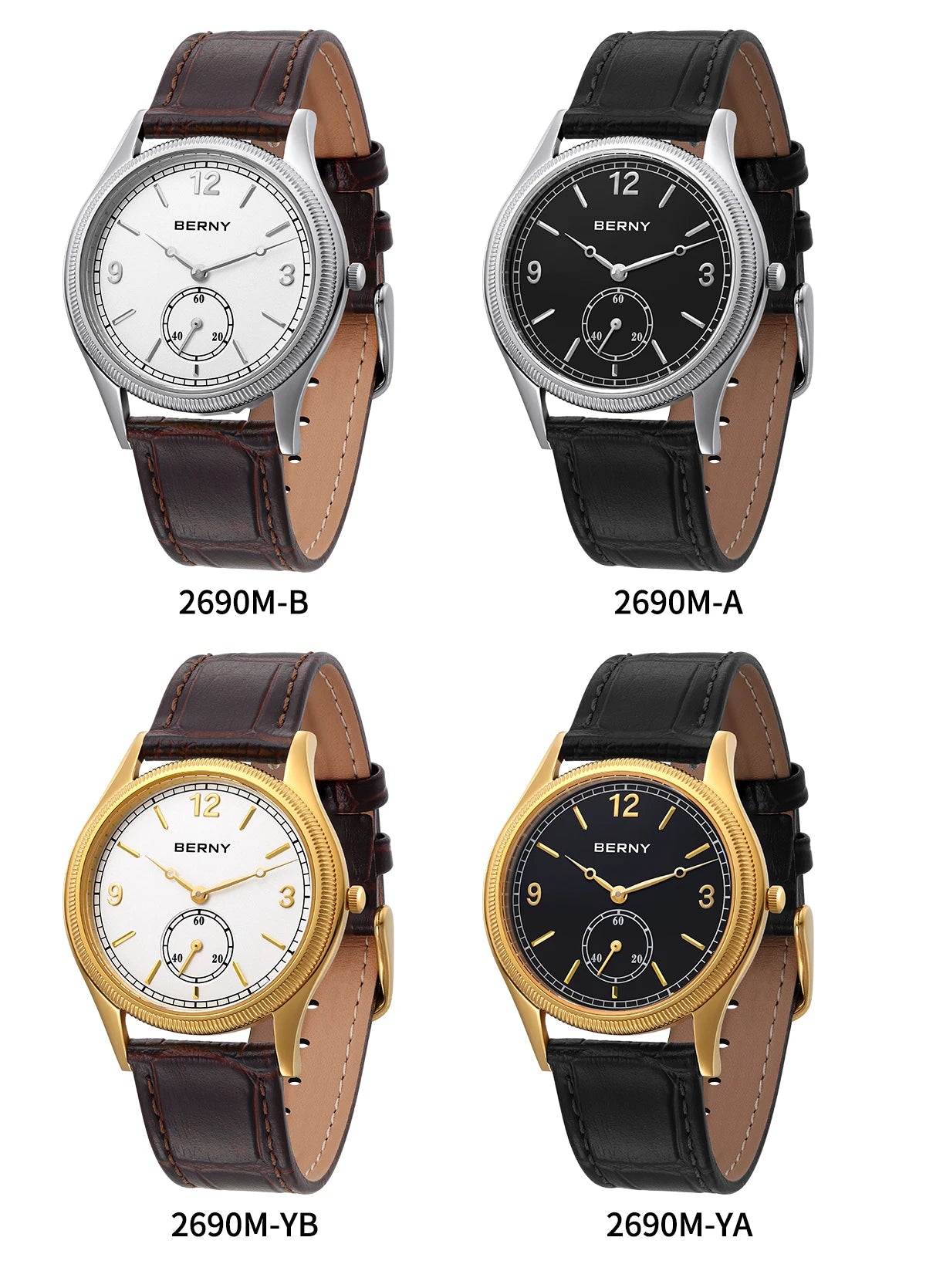 BERNY Men's Quartz Dress Watch 38mm – Slim Elegant Leather Strap Easy Read