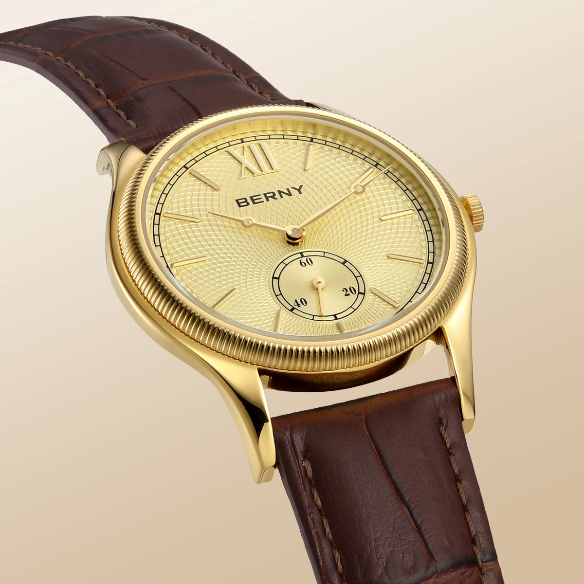 BERNY Luxury Men’s Dress Watch Slim Gold Quartz Classic Leather Strap Business Wristwatch