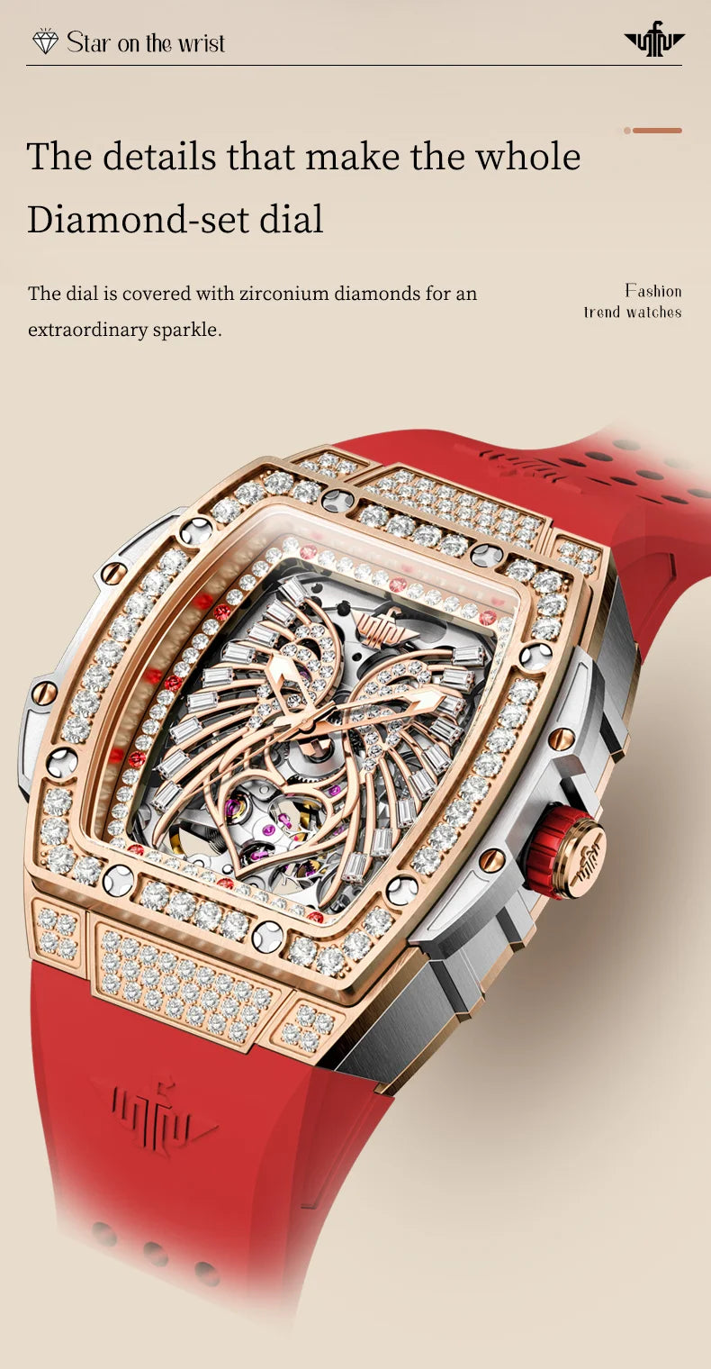 OUPINKE 3225 Women’s Automatic Watch – Diamond Dial, Silicone Strap