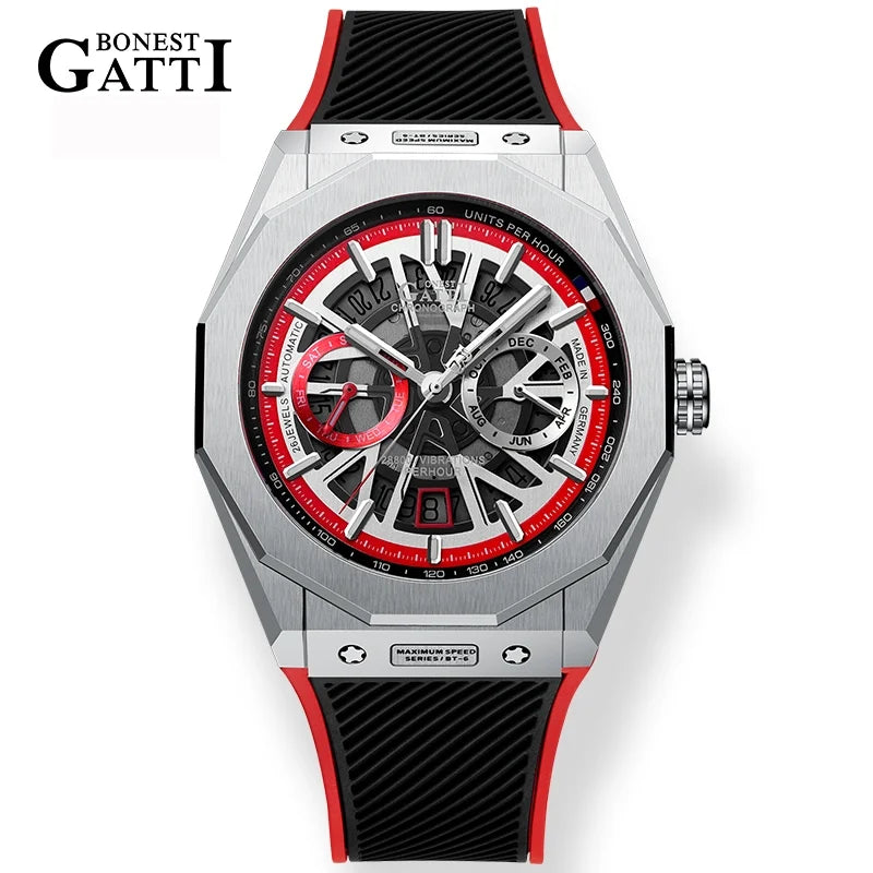 BONEST GATTI Men’s Automatic Mechanical Watch – Stainless Steel Case, Rubber Strap