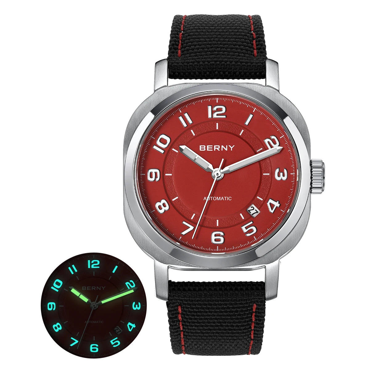 BERNY Women's Automatic Cushion Watch – Sapphire Luminous Canvas Strap Calendar