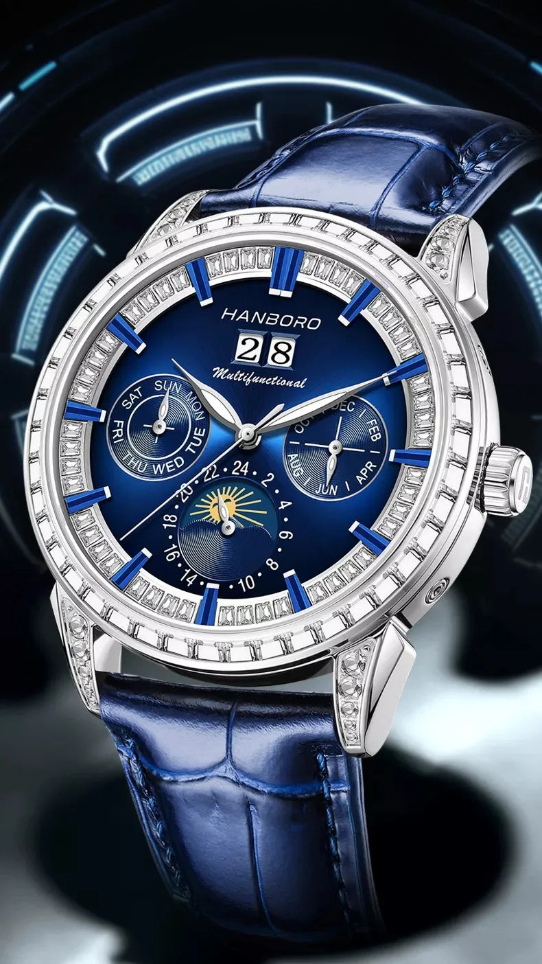 Hanboro 41.5mm Mechanical Watch: Automatic Multi-Dial with Day, Month, Date & Crystal Bezel