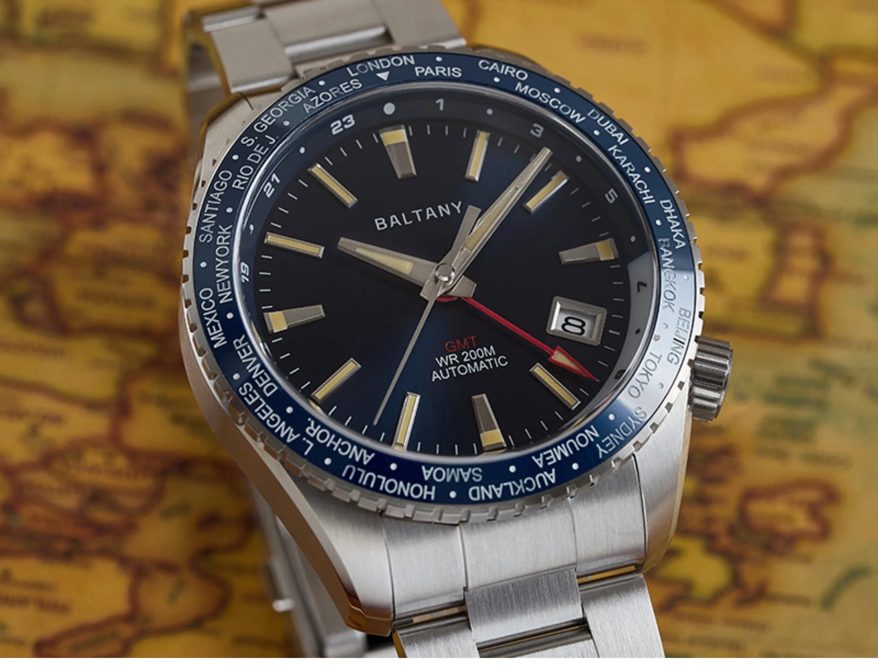 Baltany Men’s GMT Automatic Watch 40mm – NH34, Sapphire Crystal, 200m Dive, Luminous, World Time Bezel