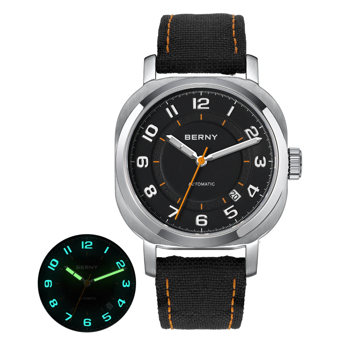 BERNY Women's Automatic Cushion Watch – Sapphire Luminous Canvas Strap Calendar