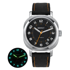BERNY Women's Automatic Cushion Watch – Sapphire Luminous Canvas Strap Calendar