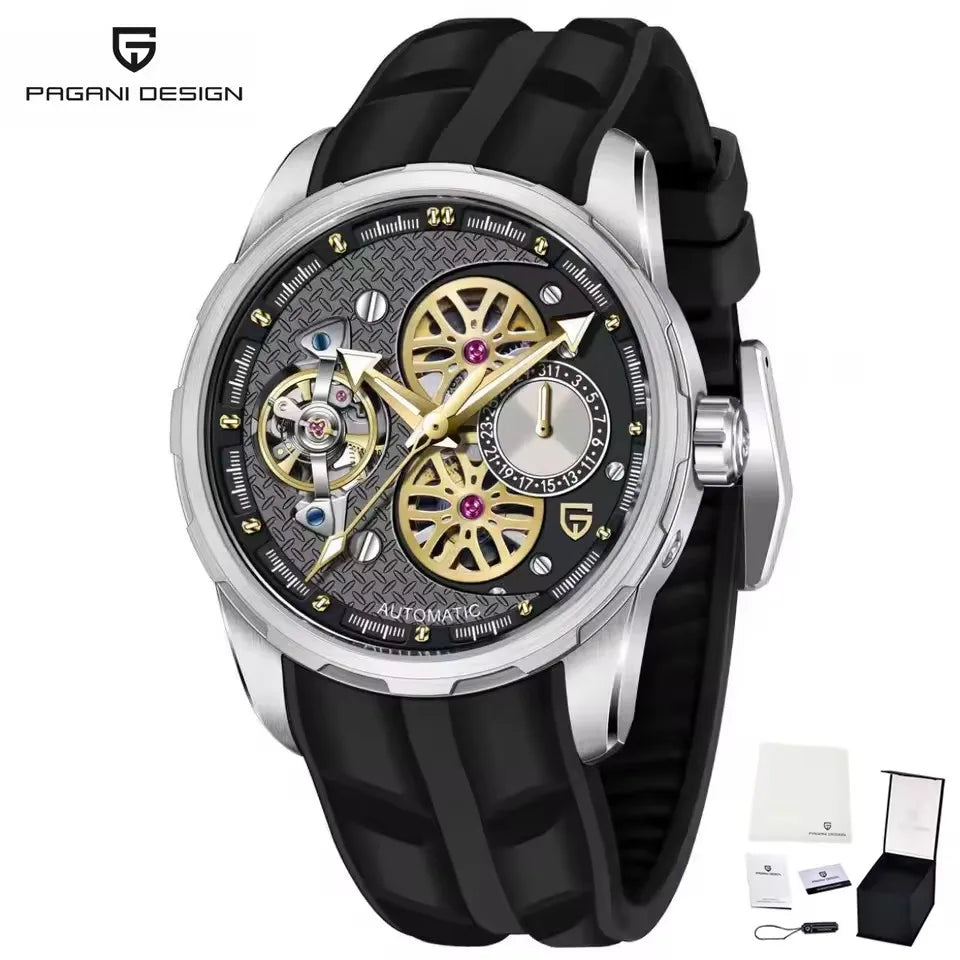 PAGANI DESIGN Men’s Automatic Skeleton Watch – Sapphire Crystal, 100m Water Resistant, Tourbillon Style