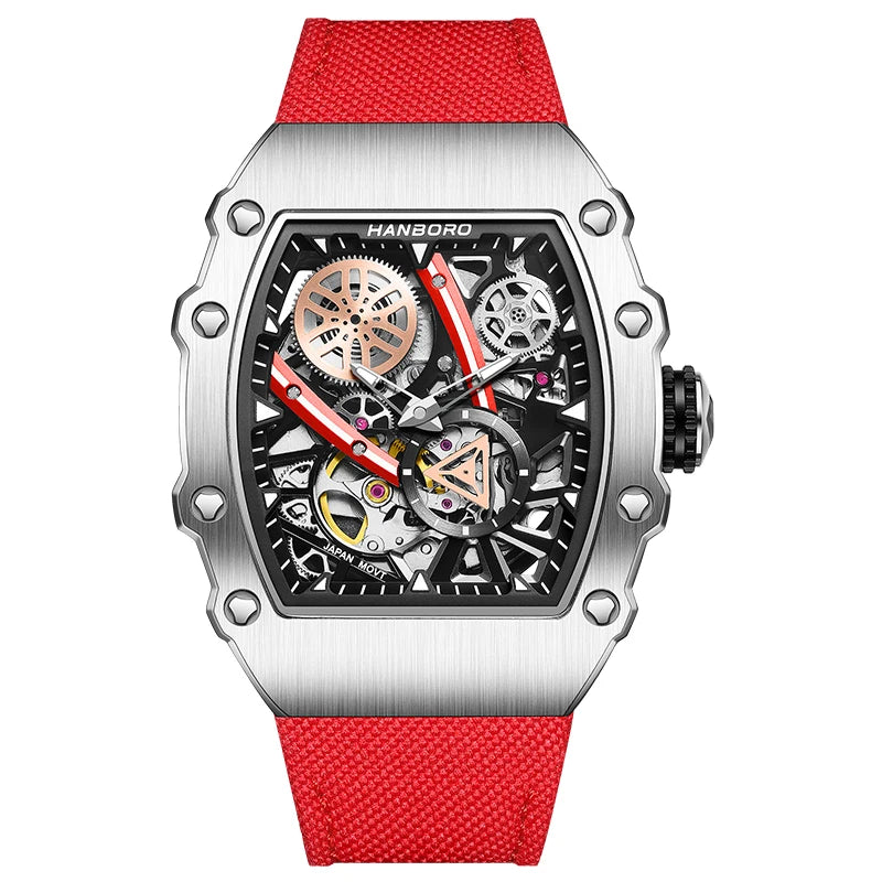HANBORO Men’s Automatic Watch – 40.5mm Tonneau Skeleton Dial Mechanical Waterproof Wristwatch