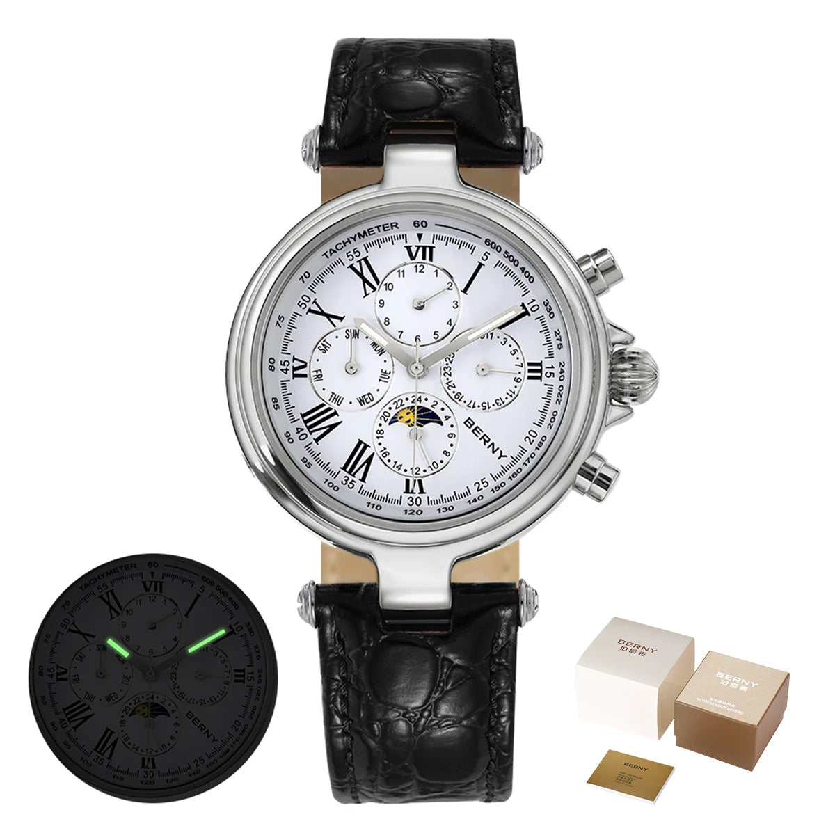 BERNY Men’s Automatic Dress Watch – Sun & Moon Phase, Leather Strap