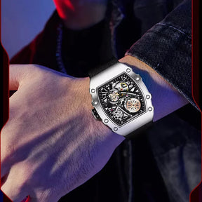 HANBORO Men’s Automatic Watch – 40.5mm Tonneau Skeleton Dial Mechanical Waterproof Wristwatch