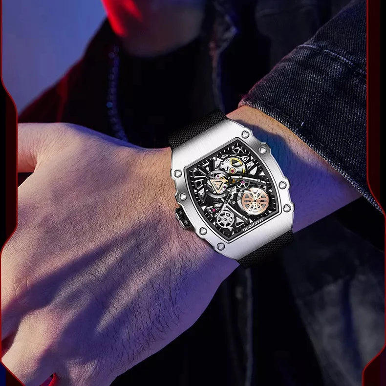 HANBORO Men’s Automatic Watch – 40.5mm Tonneau Skeleton Dial Mechanical Waterproof Wristwatch