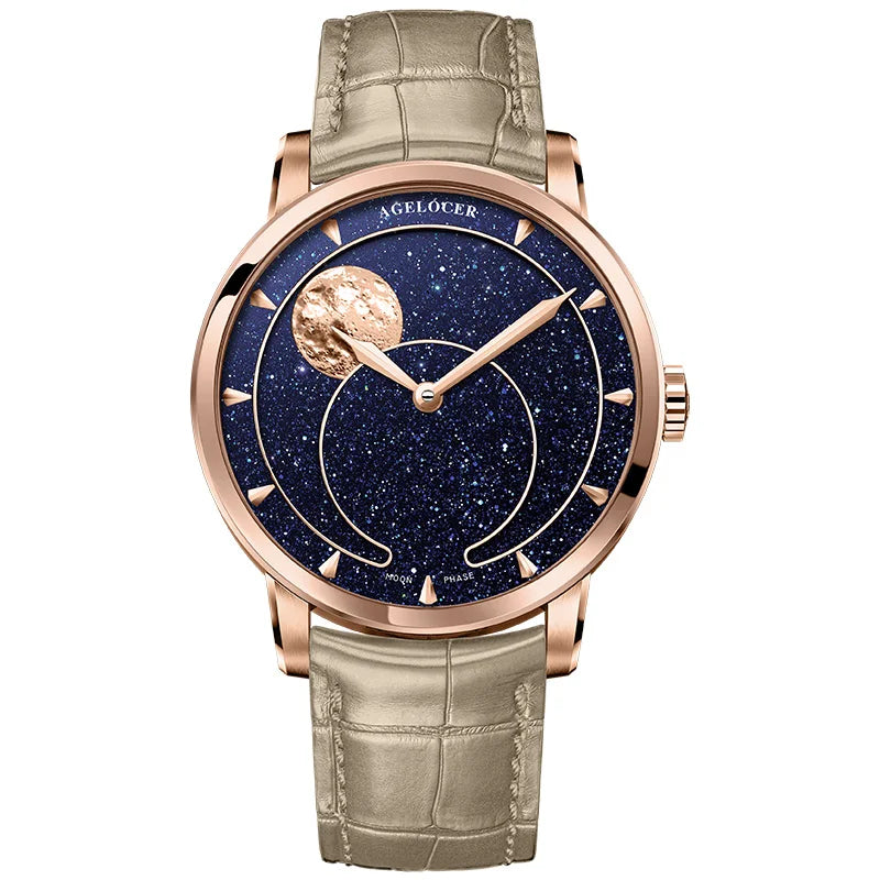 AGELOCER Men’s Moon Phase Watch – Blue Aventurine Dial, 29.5-Day Display, Luxury Automatic Wristwatch
